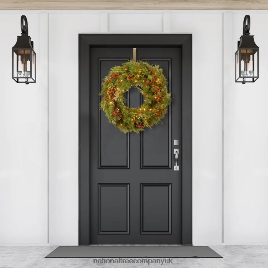Greenery | National Tree Company Pre-Lit Artificial Christmas Wreath Green White Pine White Lights Decorated with Berry Clusters Pine Cones Christmas Collection 30 Inches F2L4F271